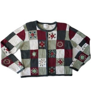 VNTG Christmas Patchwork Cardigan Sweater Christopher & Banks Sz M Layer Holiday